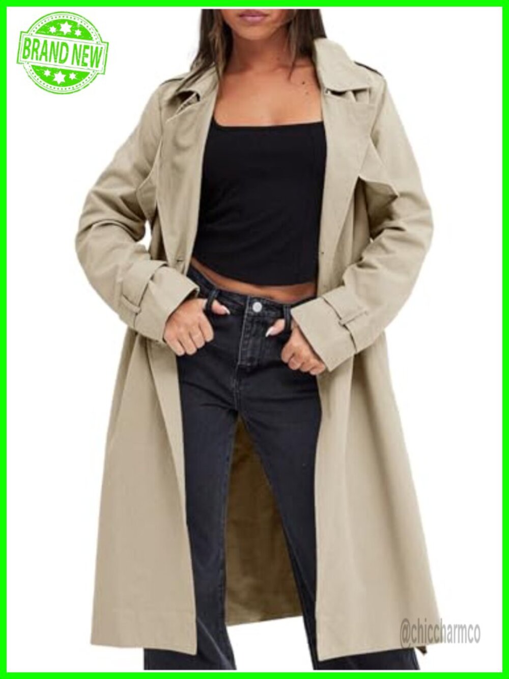 Womens Double Breasted Trench Coat Belted Long Overcoat